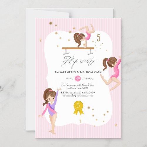 Pink and Gold Gymnastics 5th Birthday Party Magnetic Invitation