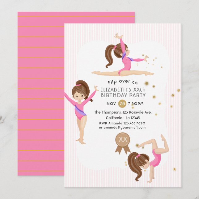 Pink and Gold Gymnastics Birthday Party Invitation (Front/Back)