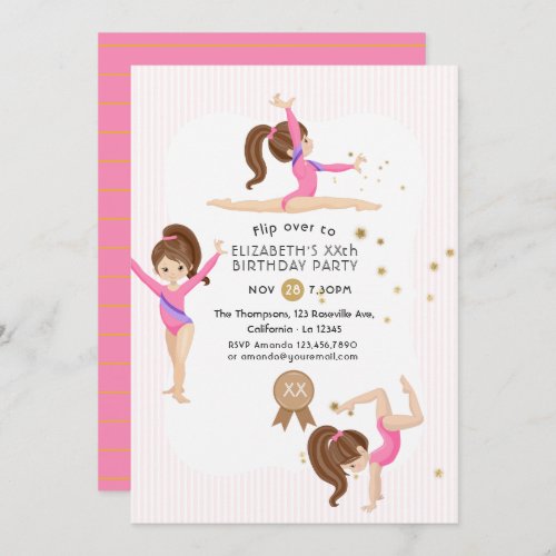 Pink and Gold Gymnastics Birthday Party Invitation