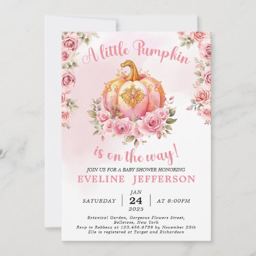 Pink and Gold Halloween Little Pumpkin Baby Shower Invitation