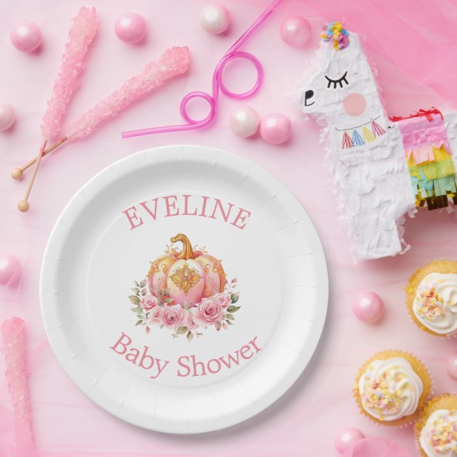 Pink and Gold Halloween Little Pumpkin Baby Shower Paper Plates (Party)