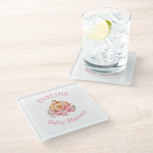 Pink and Gold Halloween Pumpkin Little Baby Shower Glass Coaster (Angled)