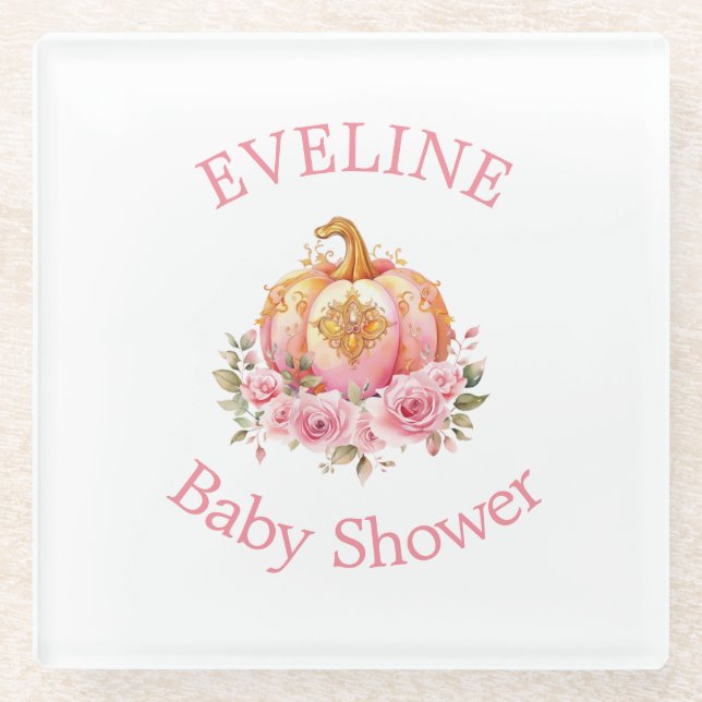 Pink and Gold Halloween Pumpkin Little Baby Shower Glass Coaster (Front)