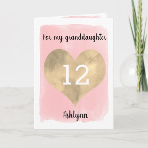 Pink and Gold Happy 12th Birthday Granddaughter Card