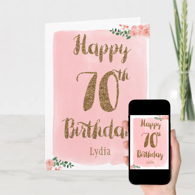 Pink and Gold Happy 70th Birthday Card | Zazzle