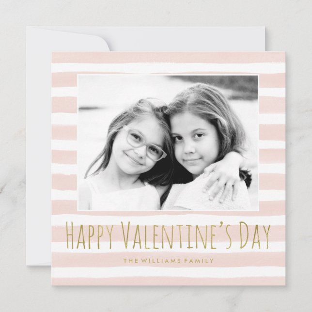 Pink and Gold Happy Valentine's Day Photo Holiday Card (Front)