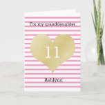 Pink and Gold Heart 11th Birthday Granddaughter Card<br><div class="desc">A striped pink and gold 11th birthday card for granddaughter. You can easily personalize the front with her age and name. The inside reads a heartfelt birthday message, which can also be personalized if wanted. The back of this eleventh birthday card also features the gold heart and pink stripes with...</div>