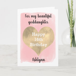 Pink and Gold Heart 16th Birthday Goddaughter Card