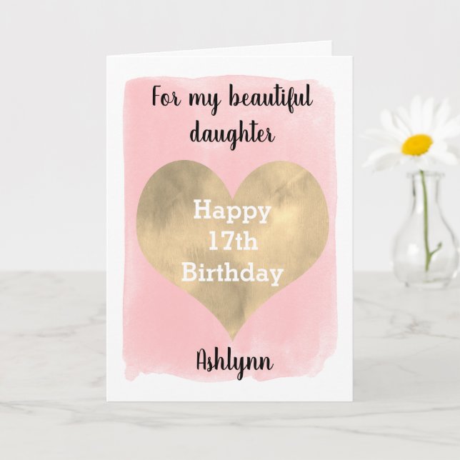 Pink and Gold Heart 17th Birthday Daughter Card (Small Plant)