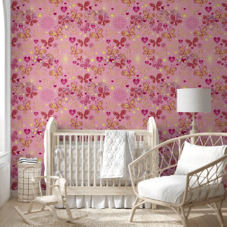 Pink and gold hearts and butterflies on pale pink wallpaper