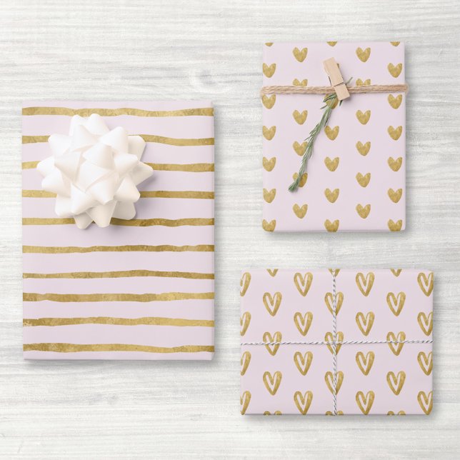 Pink and Gold Hearts and Lines Wrapping Paper Sheets (Creator Uploaded)