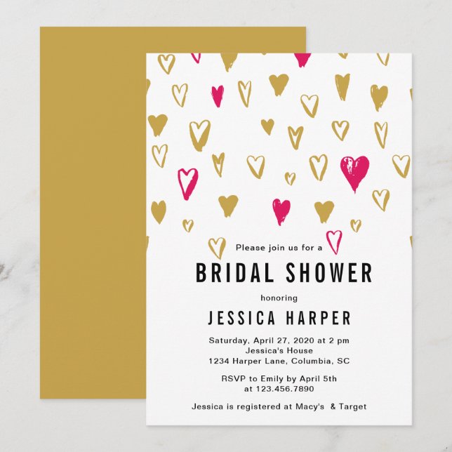 Pink and Gold Hearts Bridal Shower Invitation (Front/Back)