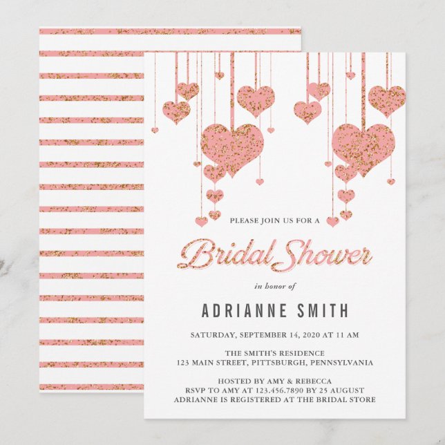Pink and Gold Hearts Bridal Shower Invitation (Front/Back)