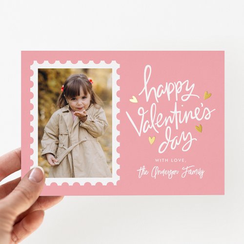 Pink and Gold Hearts Stamp Photo Valentines Day Foil Holiday Card