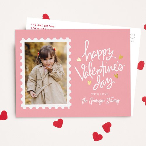 Pink and Gold Hearts Stamp Photo Valentines Day Foil Holiday Postcard