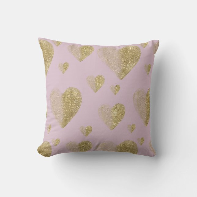 Pink and Gold Hearts Throw Pillow (Front)