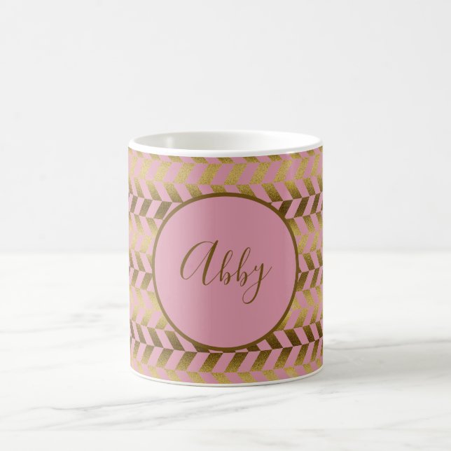 Pink and Gold Herringbone Personalized Coffee Mug (Center)