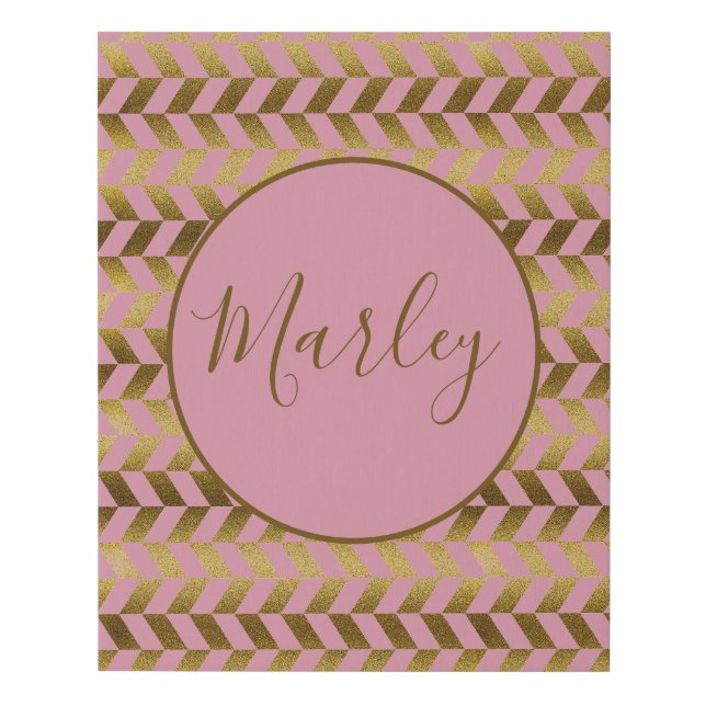 Pink and Gold Herringbone Personalized Faux Canvas Print (Front)