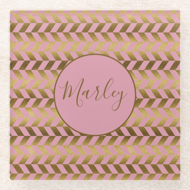 Pink and Gold Herringbone Personalized Glass Coaster (Front)