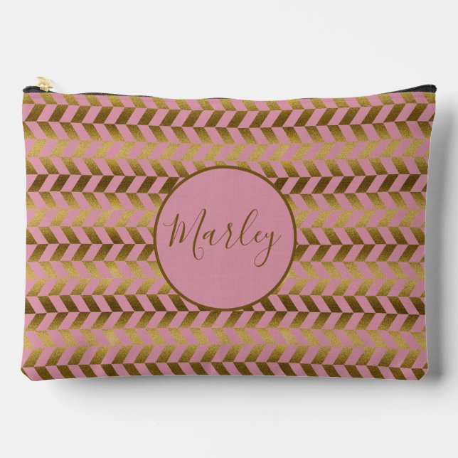 Pink and Gold Herringbone Personalized Makeup Bag (Front)