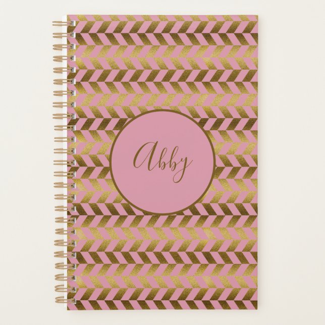 Pink and Gold Herringbone Personalized Planner (Front)