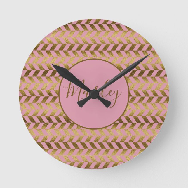 Pink and Gold Herringbone Personalized Round Clock (Front)