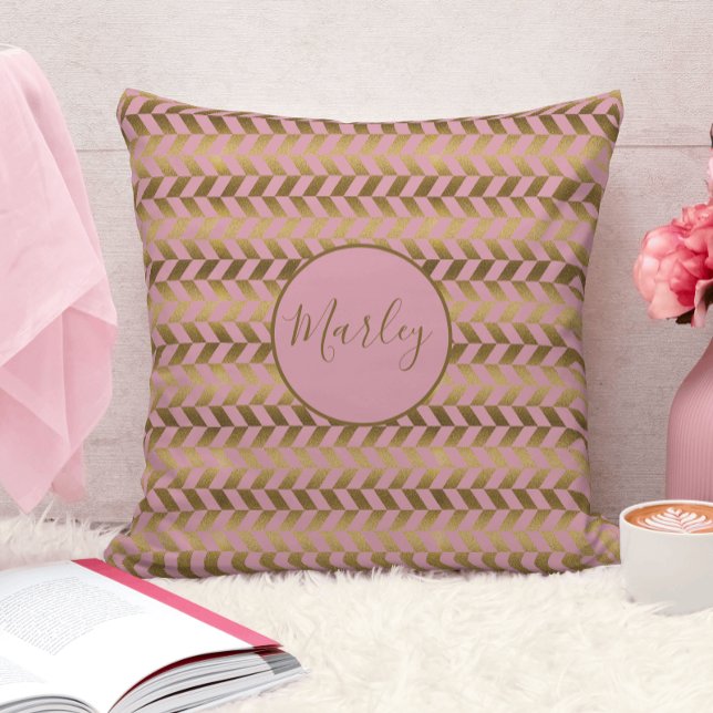 Pink and Gold Herringbone Personalized Throw Pillow (Creator Uploaded)