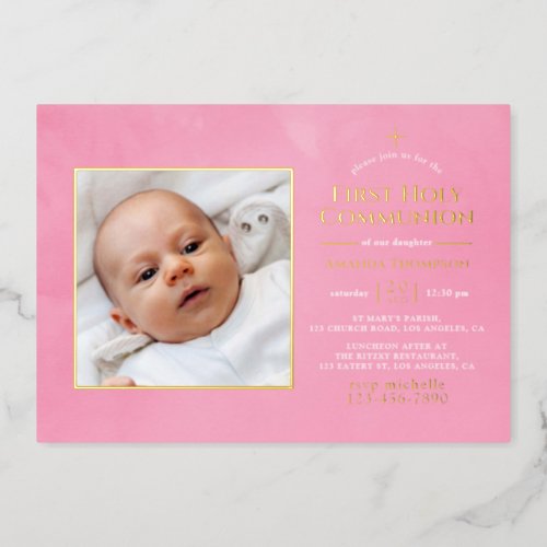 Pink and Gold Holy Communion Foil Invitation