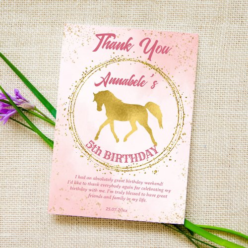 Pink and gold horse equestrian birthday custom thank you card