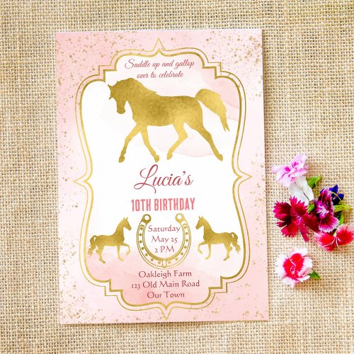 Pink and gold horse saddle up birthday invites