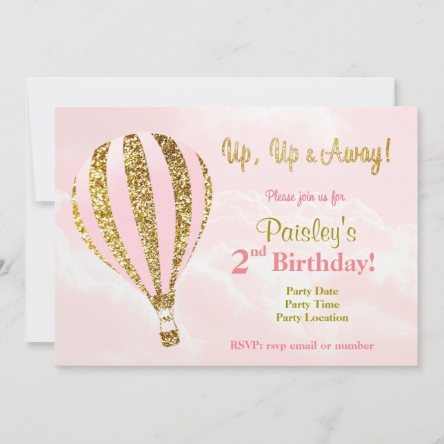 Pink and gold hot air balloon birthday invitation (Front)