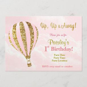 Pink and gold hot air balloon birthday invitations