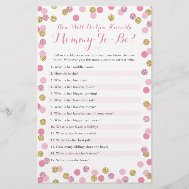 Pink and Gold How Well Do You Know The Mommy Quiz (Front)