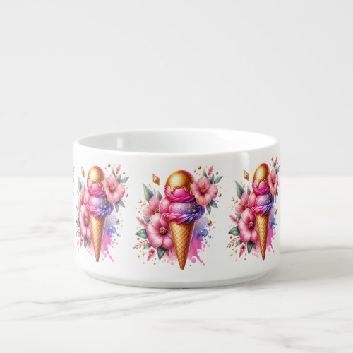Pink and Gold Ice Cream Cone and Flowers Bowl