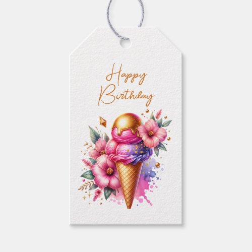 Pink and Gold Ice Cream Golden Birthday Gift Tags