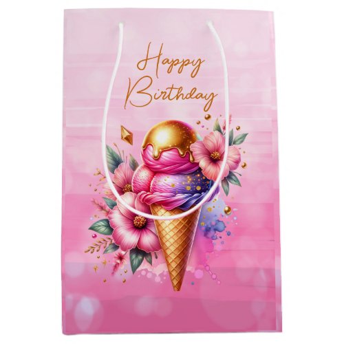 Pink and Gold Ice Cream Golden Birthday Medium Gift Bag