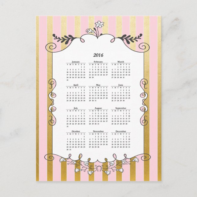 Pink and Gold Illustrated Border 2016 Calendar Postcard (Front)