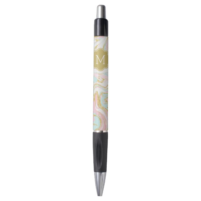 Pink and Gold Ink Marble Monogrammed Pen (Front Vertical)