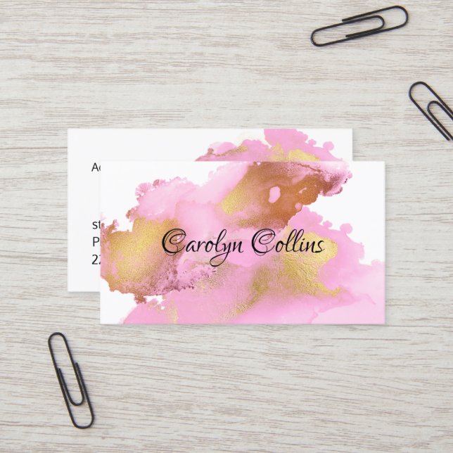 Pink and Gold Ink Stains Business Card (Front/Back In Situ)