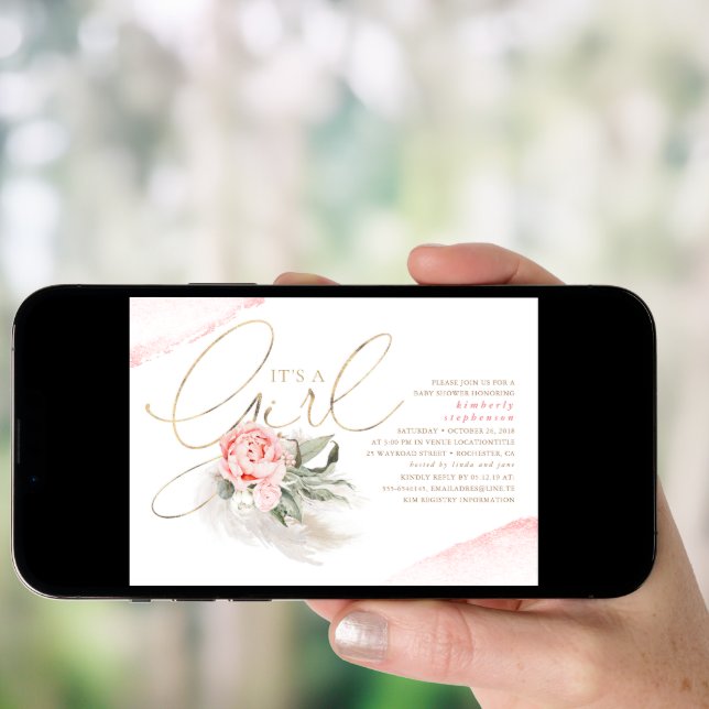 Pink and Gold Its A Girl Floral Boho Baby Shower Invitation (Front Digital)