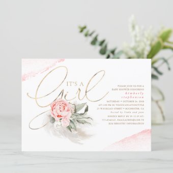 Pink and Gold Its A Girl Floral Boho Baby Shower Invitation | Zazzle