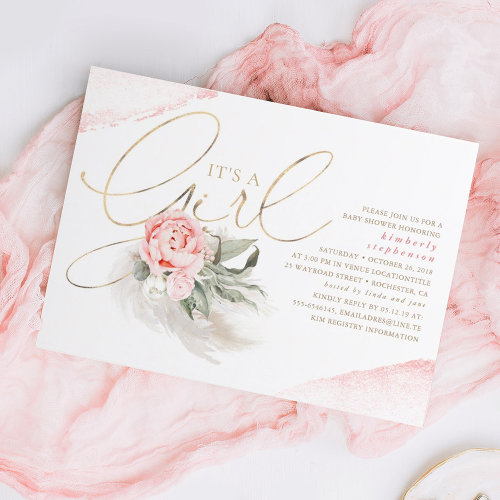 Pink and Gold Its A Girl Floral Boho Baby Shower Invitation