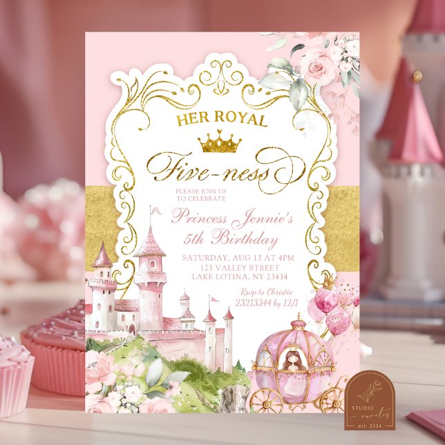 Pink and Gold Kingdom Royal Fiveness 5th Birthday Invitation (Creator Uploaded)