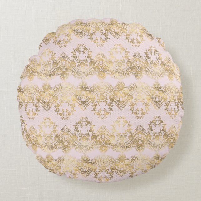 Pink and Gold Lace Round Pillow (Front)
