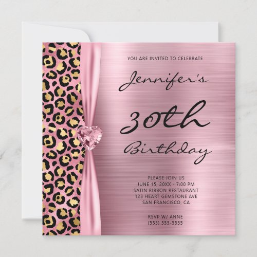 Pink and Gold Leopard Foil Gem Heart 30th Birthday Invitation