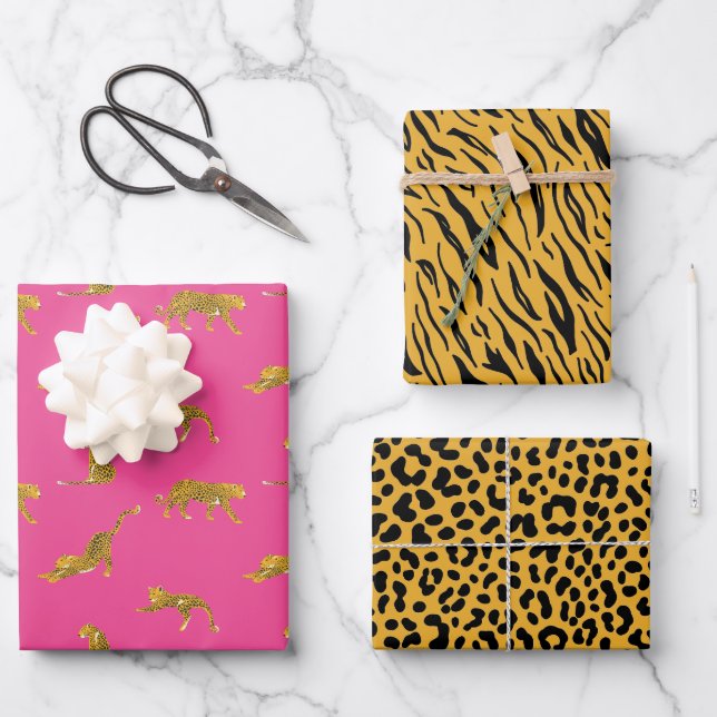 Pink and Gold Leopard Print Wrapping Paper Sheets (Front)