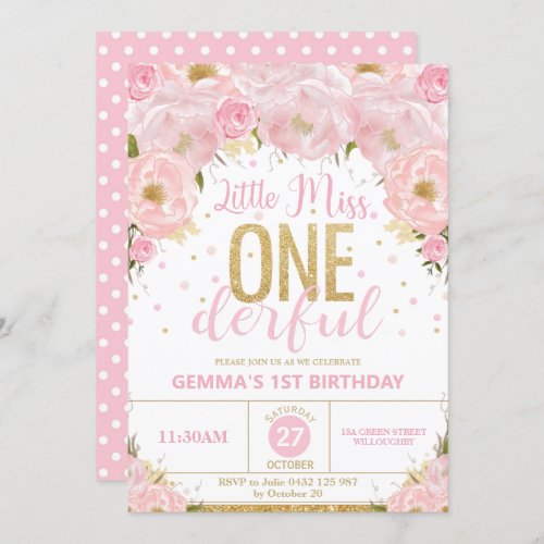 Pink and Gold Little Miss Onederful 1st Birthday Invitation