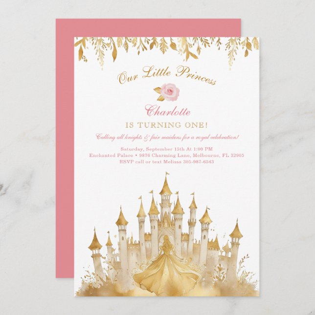 Pink and Gold Little Princess 1st Birthday  Invitation (Front/Back)