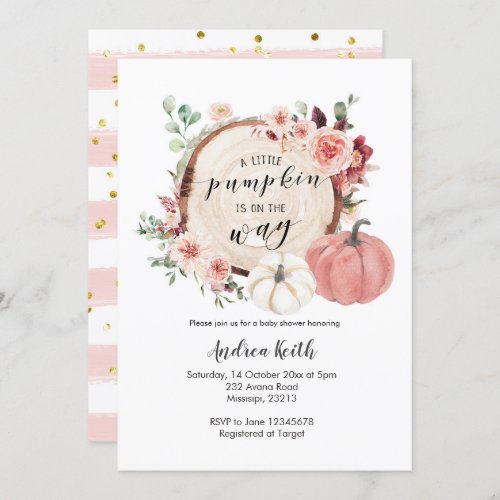 pink and gold little pumpkin is on the way invitation