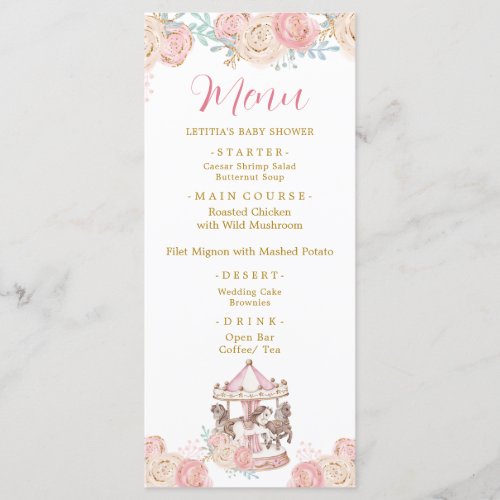 Pink and Gold Magical Carousel Baby Shower Menu